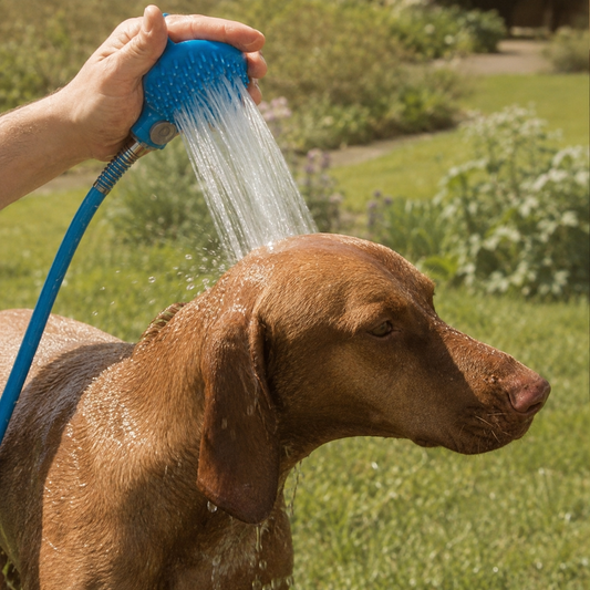 Handheld dog shower and massage brush with soft silicone scrubber for bathing
