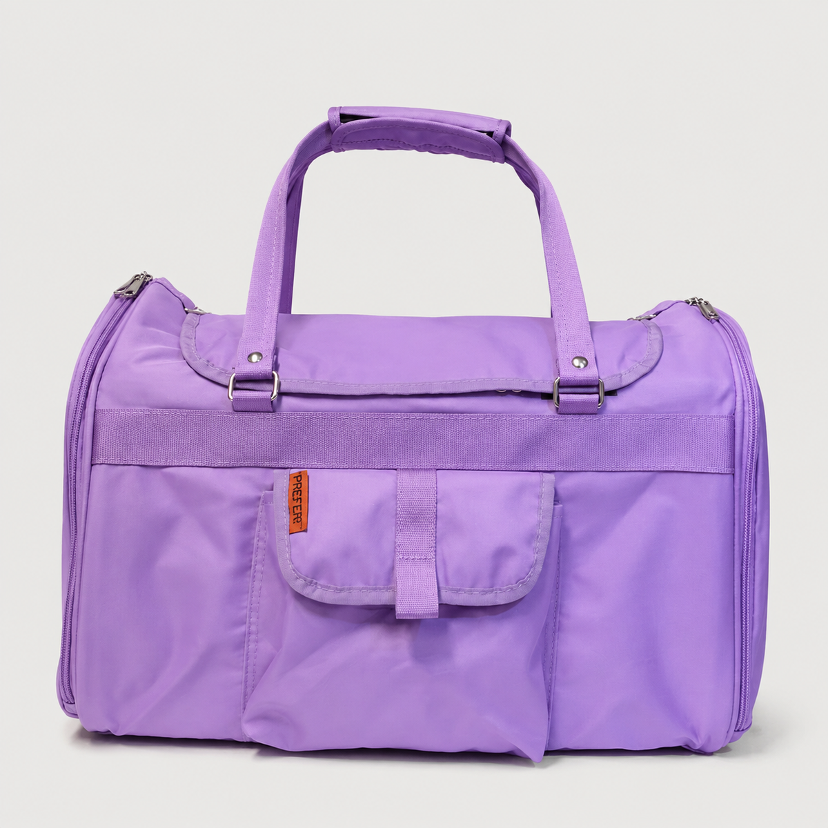 Lilac pet duffel carrier with padded shoulder strap
