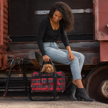 Red plaid dog travel carrier with privacy covers
