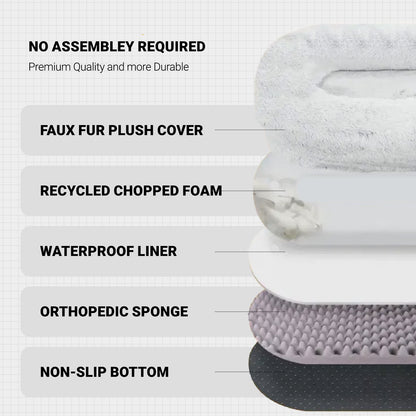 Human-size dog bed detail showing plush cushioning and supportive raised edge