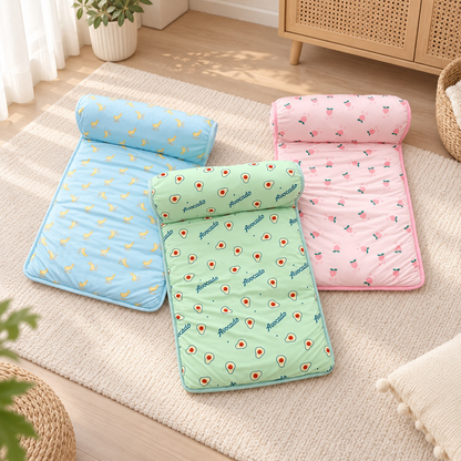 Blue green and pink ice silk cooling pet mats with padded pillow edges