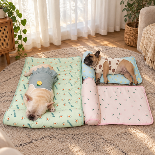 Dogs resting on ice silk cooling pet mats in a warm naturally lit home