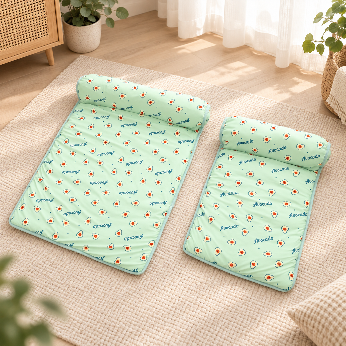 Green ice silk cooling pet mats in two sizes with padded pillow edges
