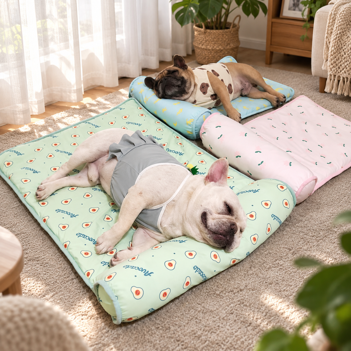 Dogs sleeping comfortably on ice silk cooling pet mats in natural sunlight