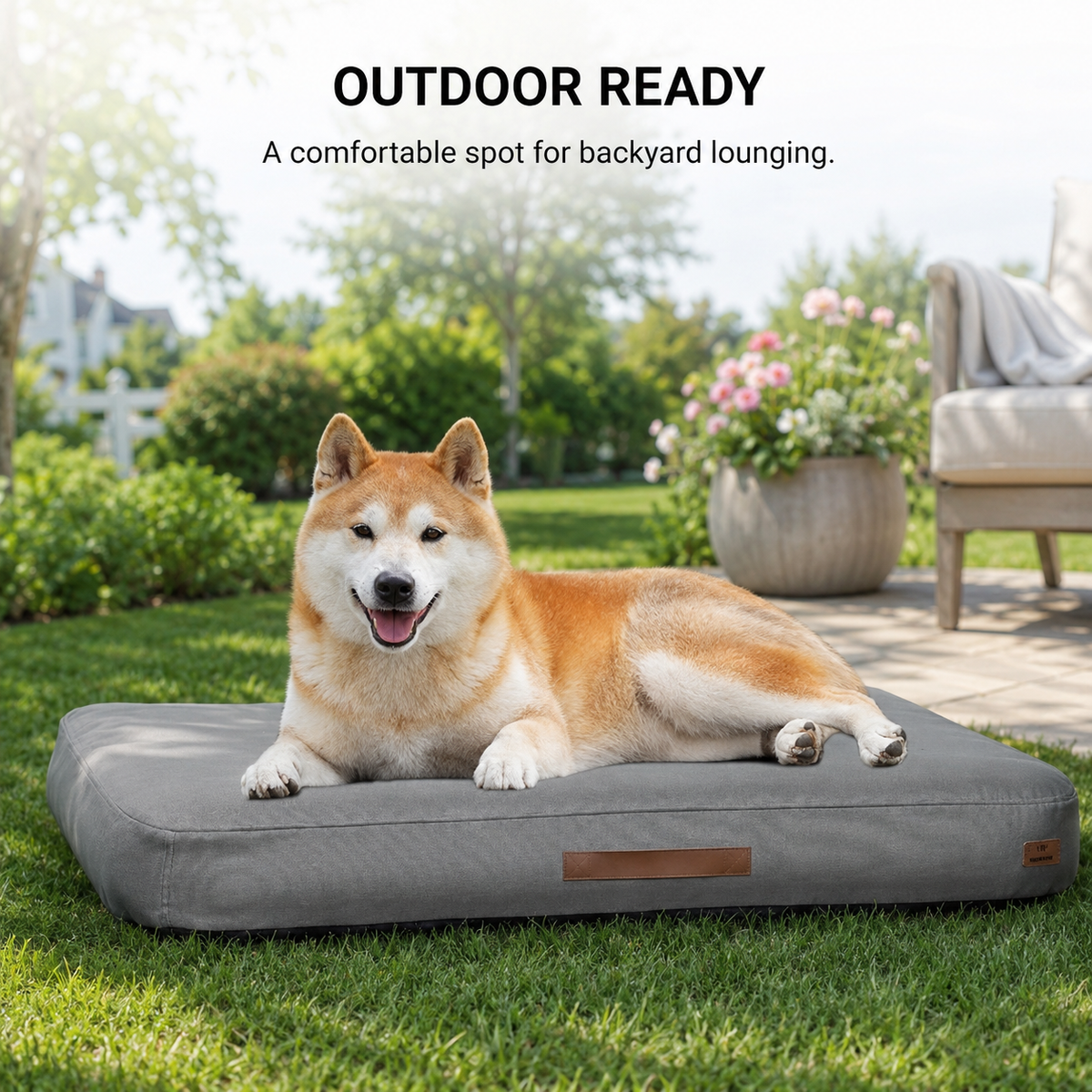 Dog resting on inflatable waterproof bed outdoor