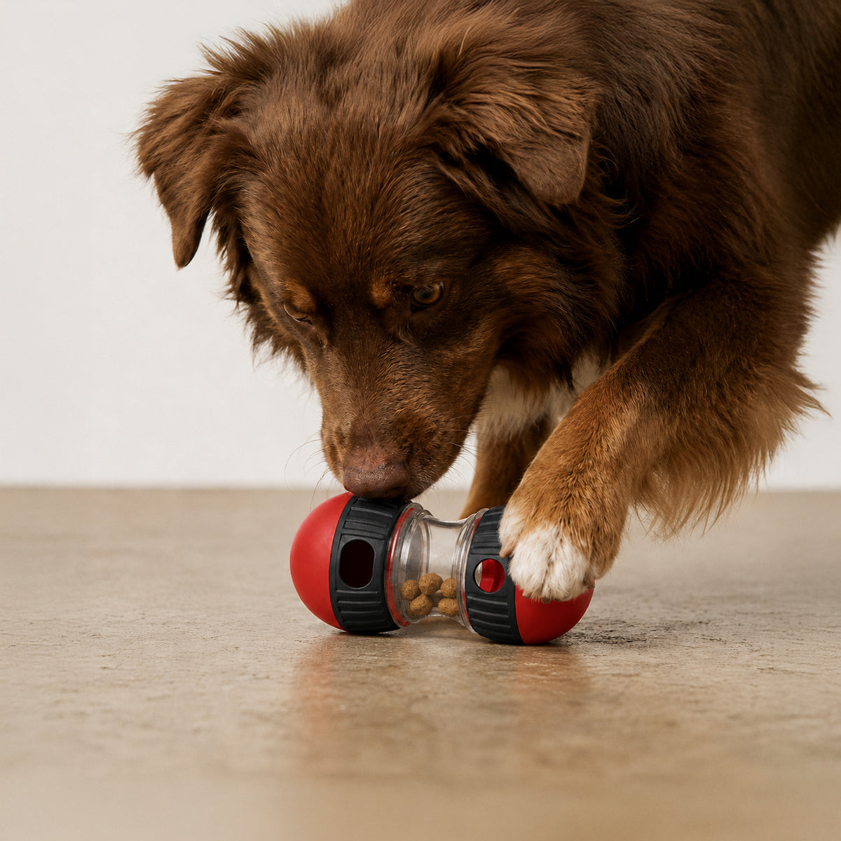 Dog playing with an interactive treat puzzle ball for mental stimulation and enrichment