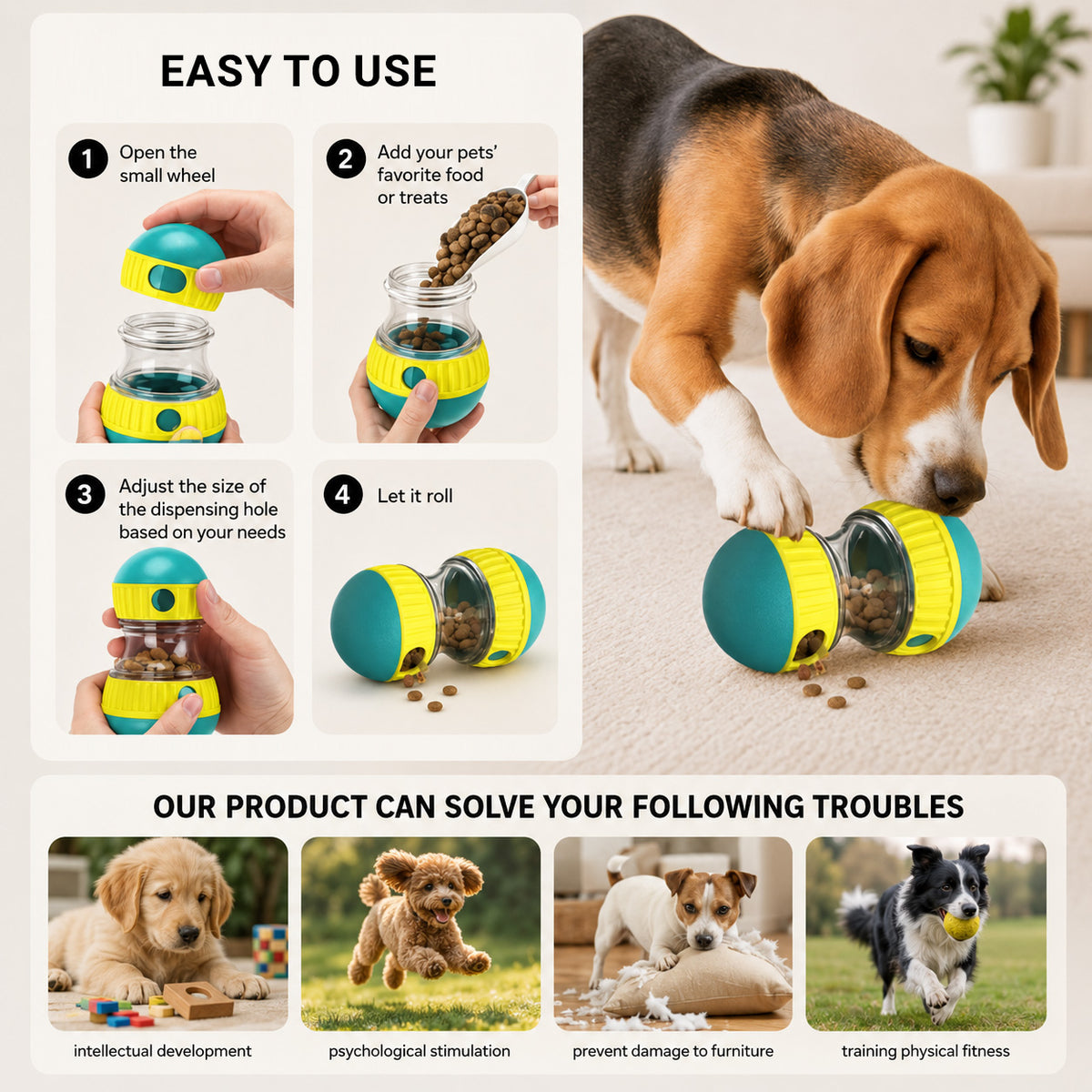 Interactive Treat Puzzle Ball shown in use for reward-based dog play and enrichment