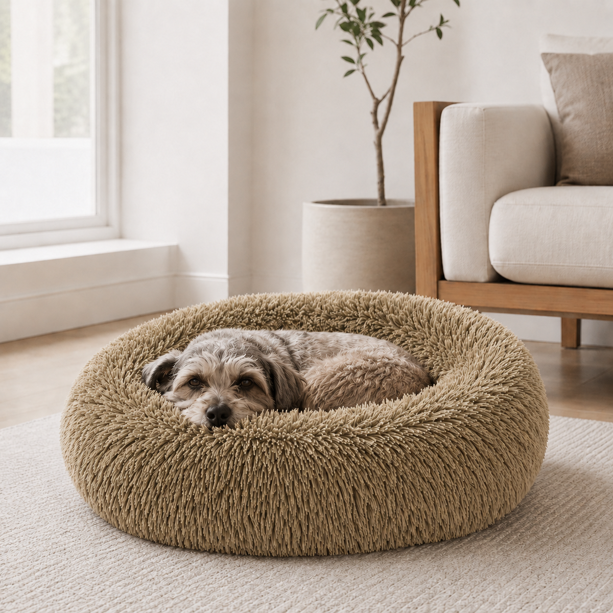 Khaki CloudNest plush round dog bed with soft raised rim