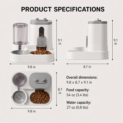 Large-capacity PawServe gravity pet feeder and waterer with food and water reservoirs