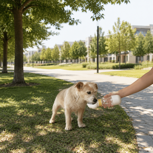 LeafSip portable dog water bottle shown in an outdoor walking lifestyle setting