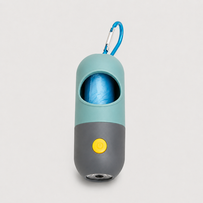 Blue LED dog waste bag dispenser with built-in flashlight