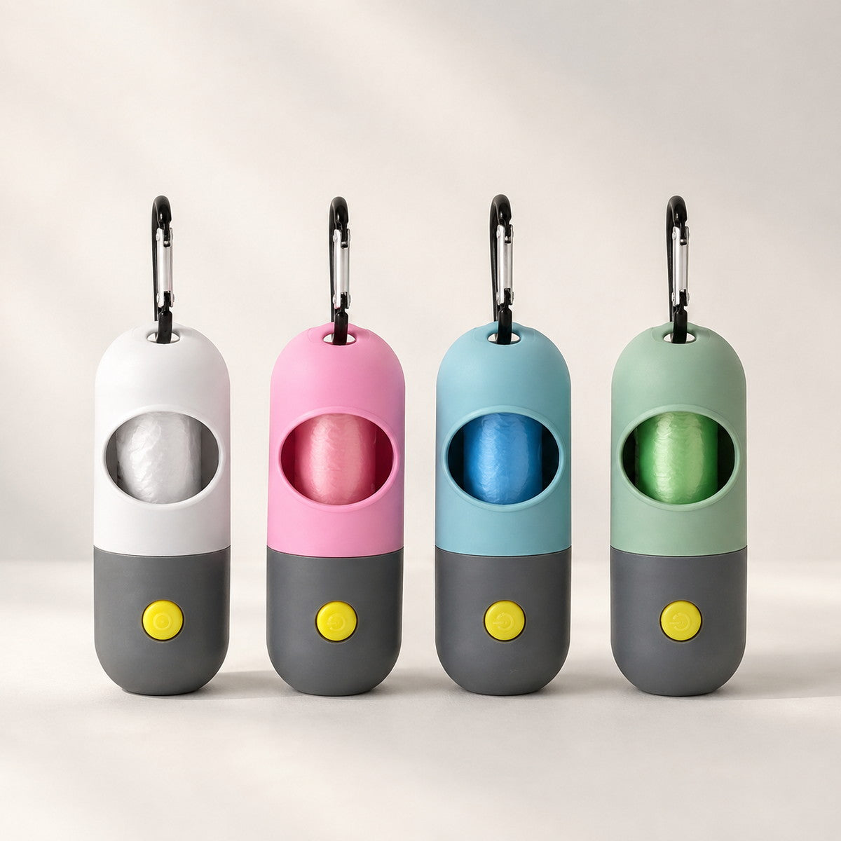 LED dog waste bag dispenser color options in white pink blue and green