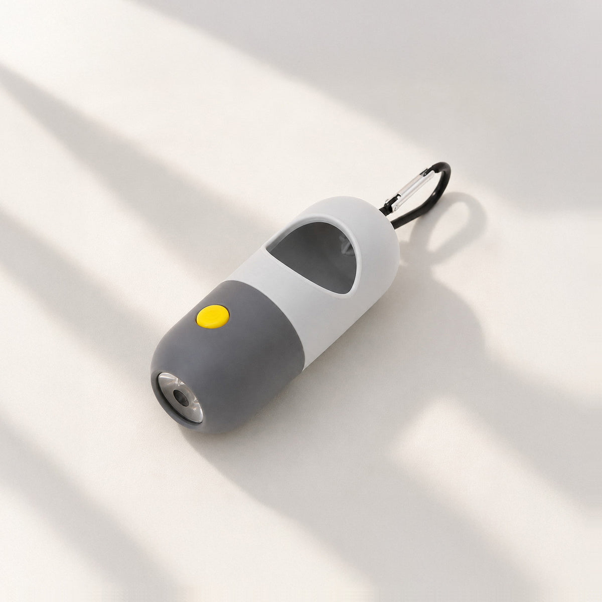 LED dog waste bag dispenser with built-in flashlight in gray and white