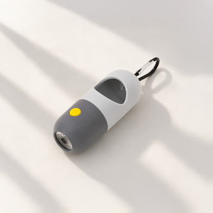 LED dog waste bag dispenser with built-in flashlight in gray and white