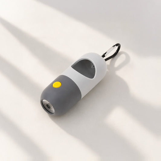 LED dog waste bag dispenser with built-in flashlight in gray and white