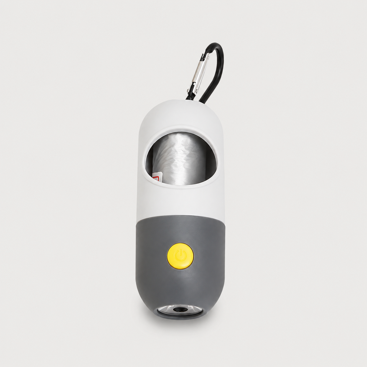 Gray LED dog waste bag dispenser with built-in flashlight