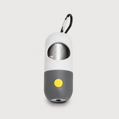 Gray LED dog waste bag dispenser with built-in flashlight