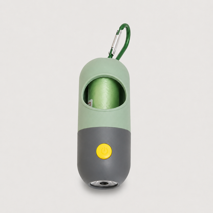 Green LED dog waste bag dispenser with built-in flashlight