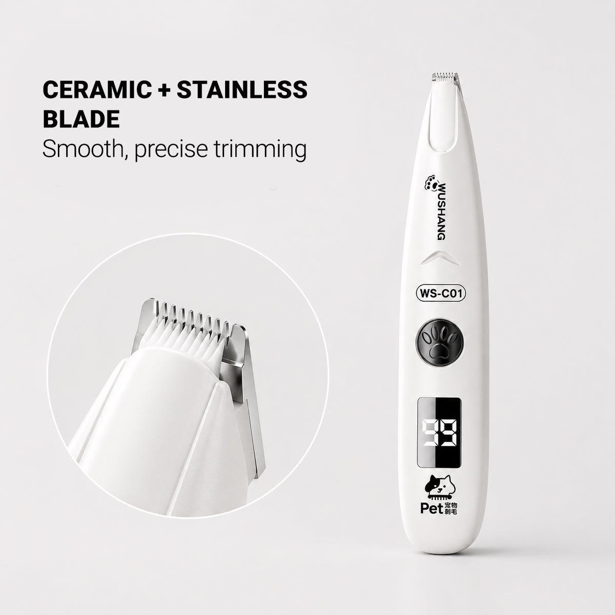 Cordless rechargeable LED Precision Paw Trimmer designed for quick grooming touch-ups at home