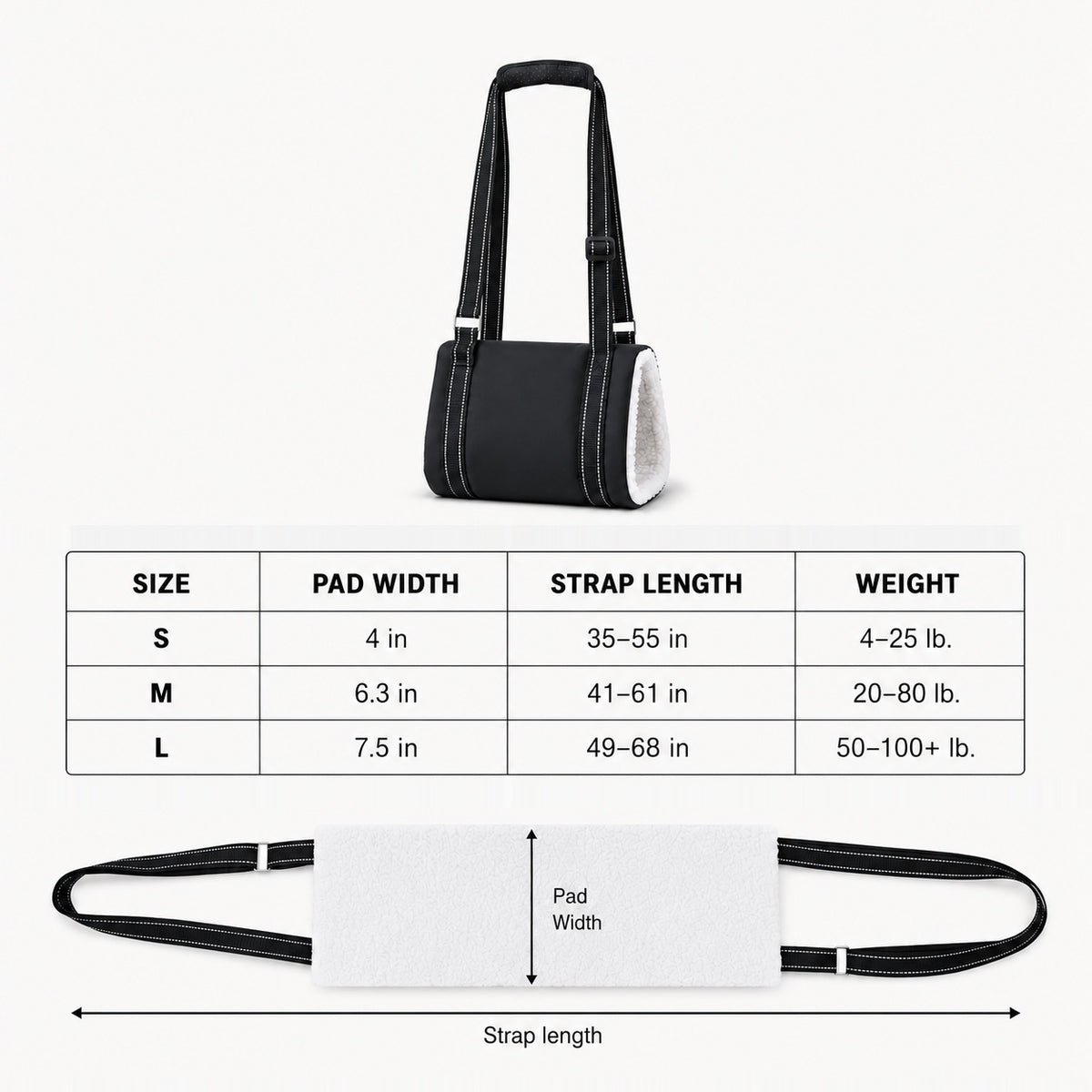 LiftEase dog support sling size guide