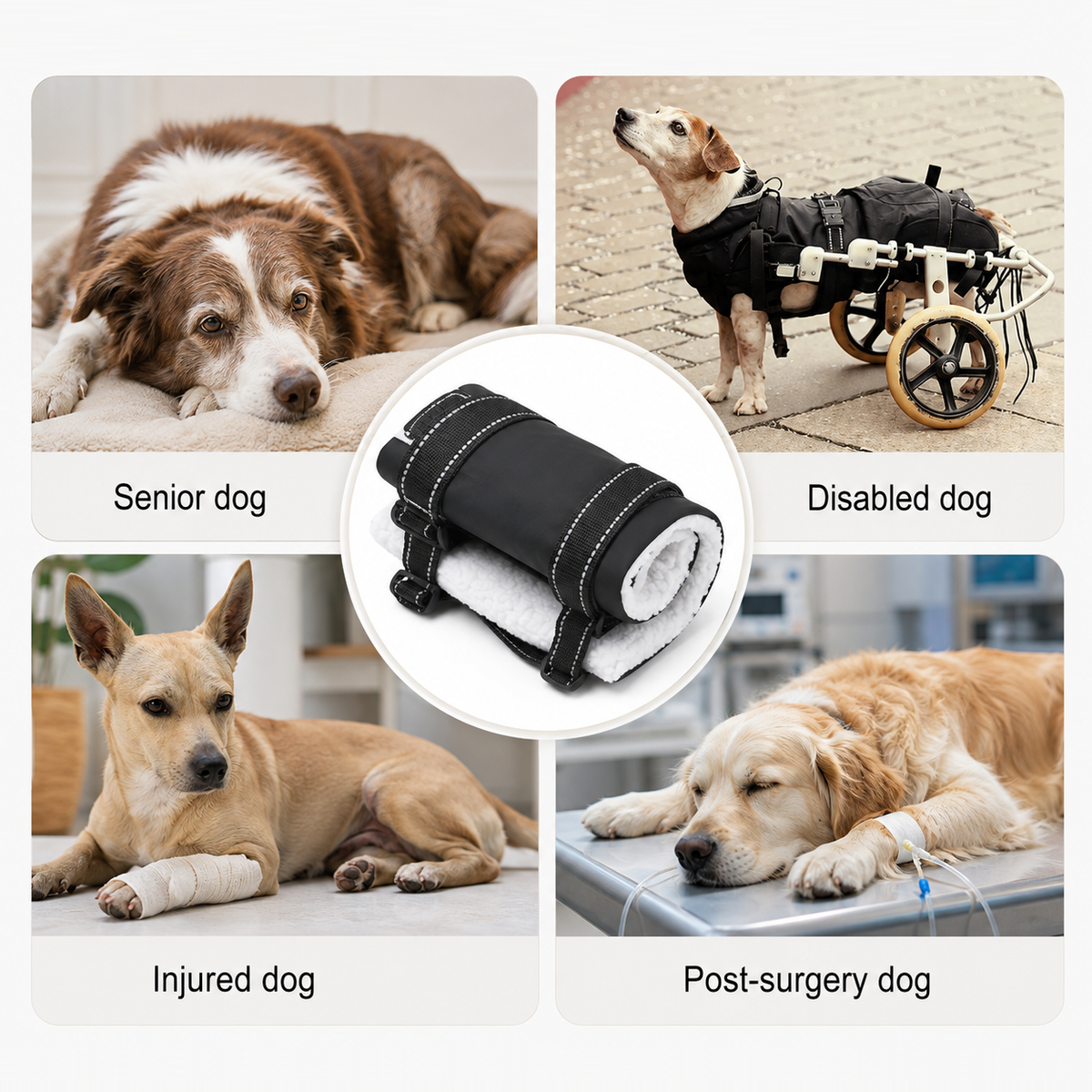 LiftEase dog support sling use cases for stairs, cars, and walking