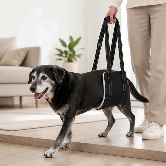 Senior dog using LiftEase support sling for gentle rear mobility assistance
