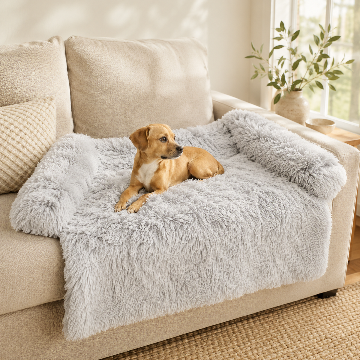 Light grey CloudNest plush bolster dog lounger in a cozy home setting