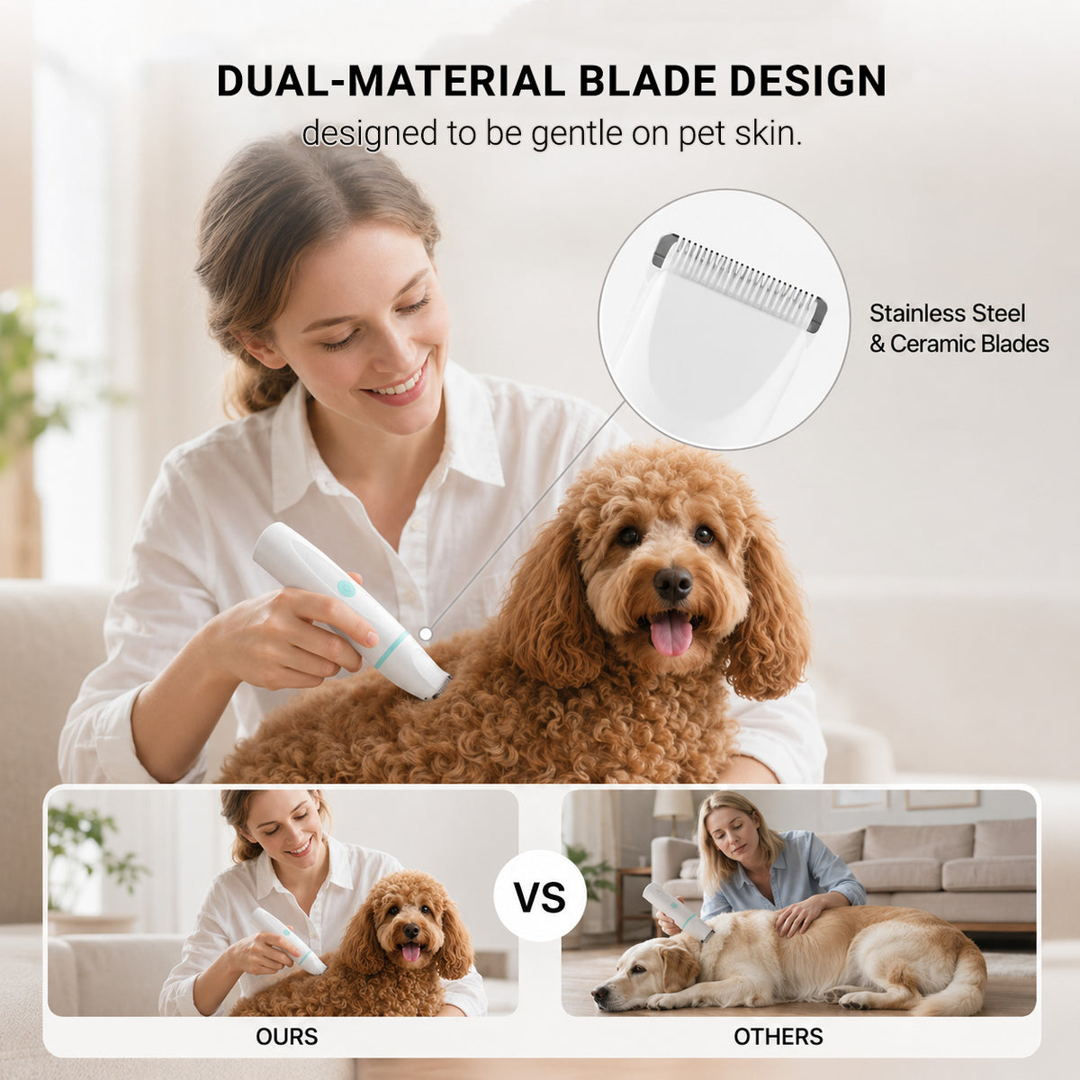 Low-noise cordless pet grooming kit designed for comfortable home grooming