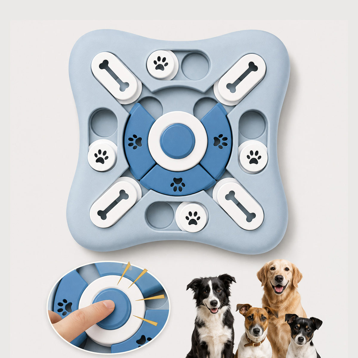 Blue MindPlay interactive dog puzzle with treat compartments for indoor enrichment play