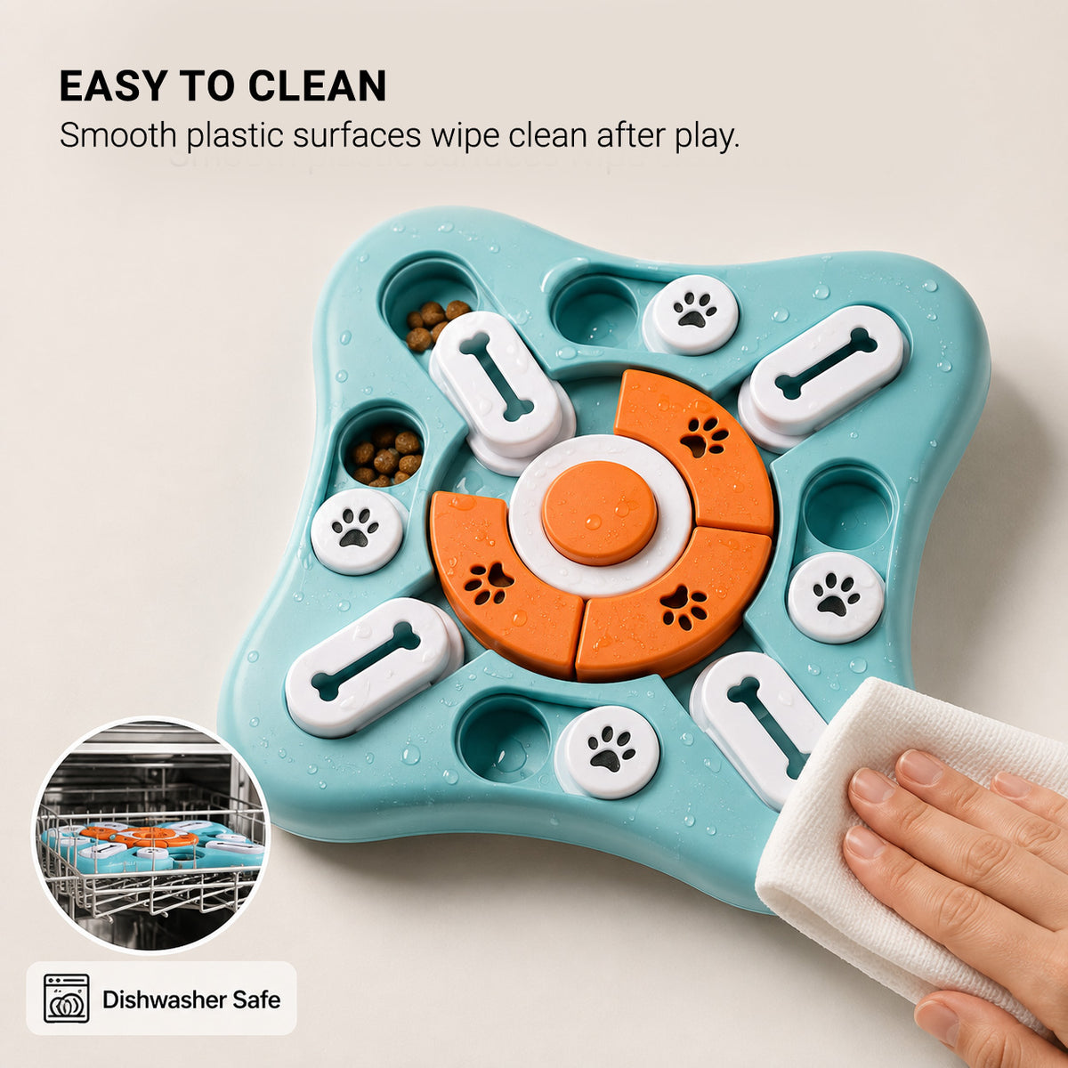 MindPlay interactive dog puzzle with smooth plastic surfaces designed for easy cleaning