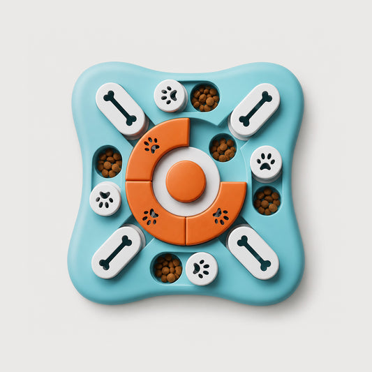 Aqua MindPlay interactive dog puzzle with sliding treat compartments for enrichment play