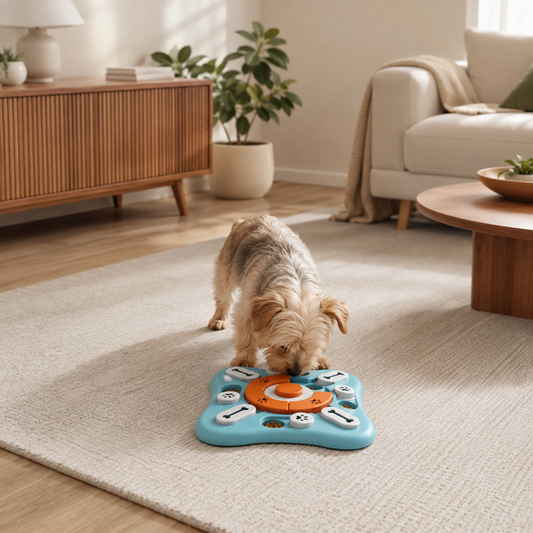 Dog using the MindPlay interactive treat puzzle during indoor enrichment time at home