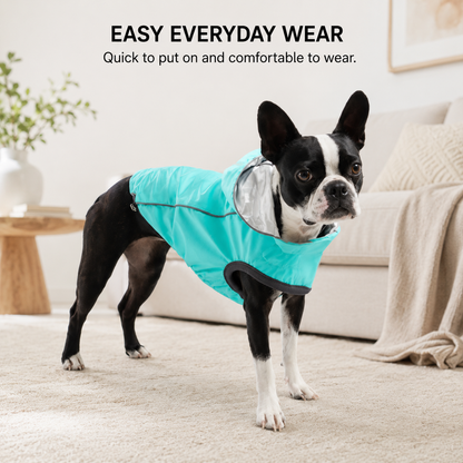 Adjustable fit detail on the neon aqua reversible dog raincoat.