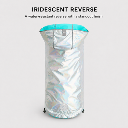 Adjustable hood on the neon aqua waterproof dog raincoat.