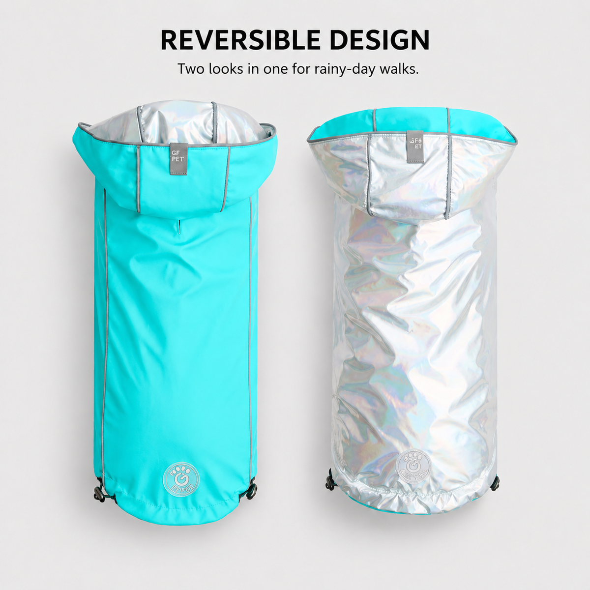 Front view of the neon aqua waterproof dog raincoat.