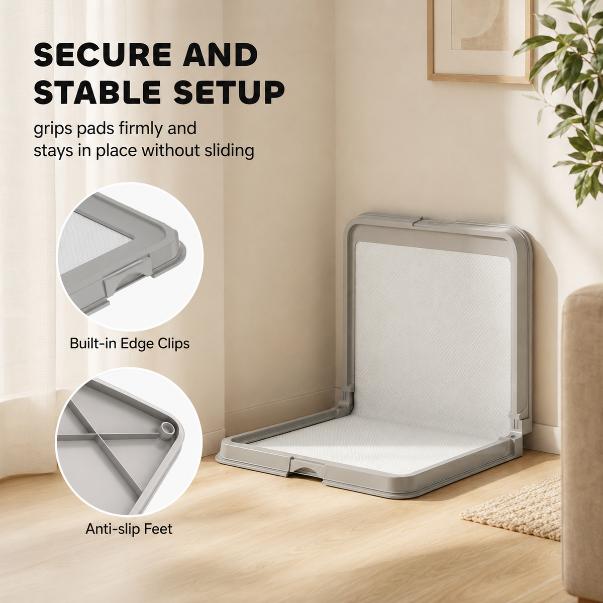 Foldable dog pee pad tray with built-in edge clips and anti-slip feet for secure placement