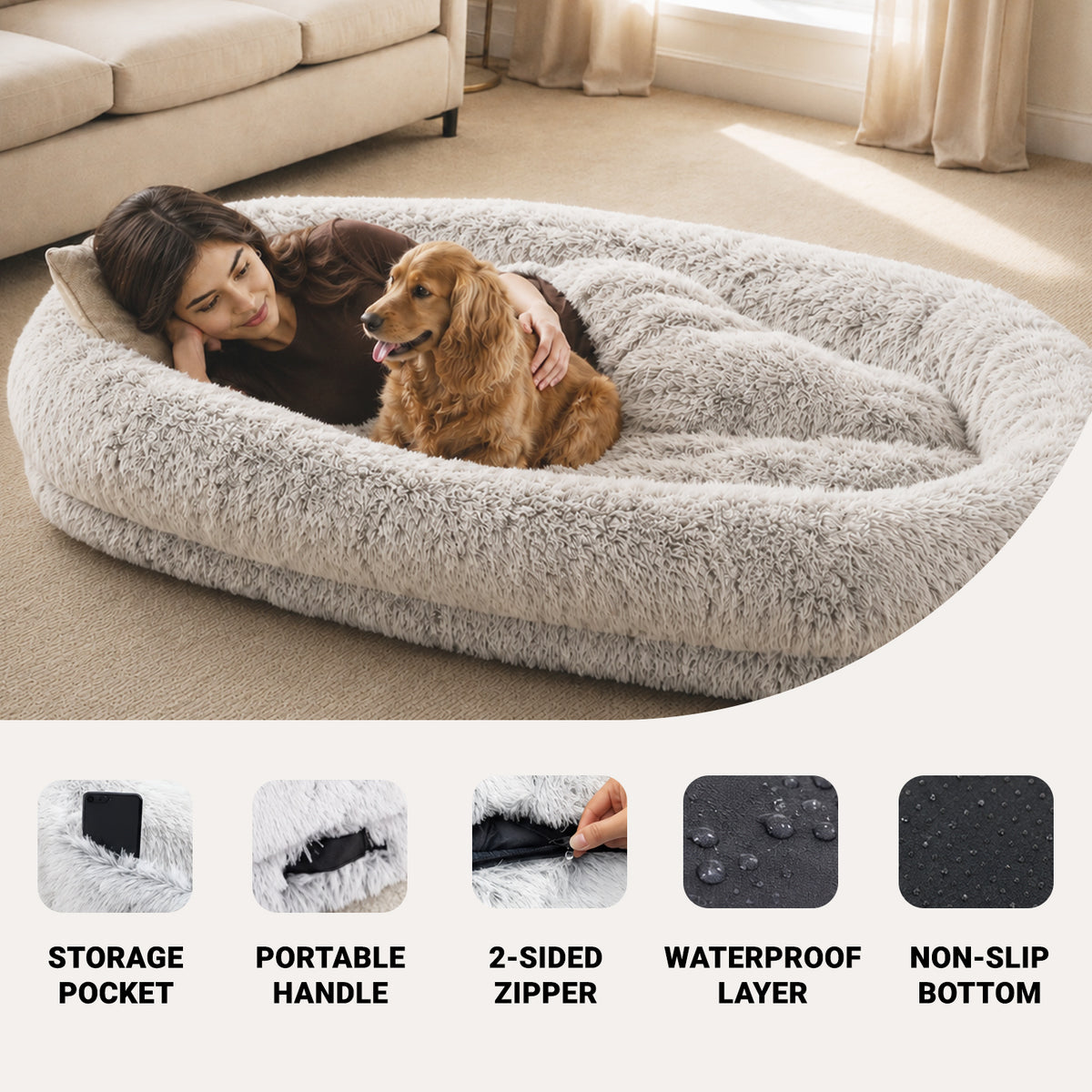 Oversized snuggle bed detail for shared lounging with dogs and their people