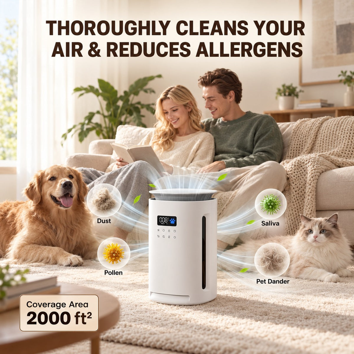 PawBreathe H13 pet air purifier filtering dust pollen pet dander and saliva in a pet-friendly home