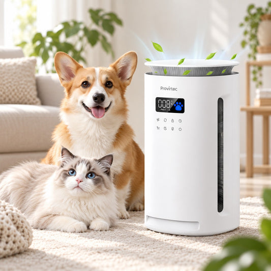 PawBreathe H13 pet air purifier in a bright pet-friendly living room with dog and cat