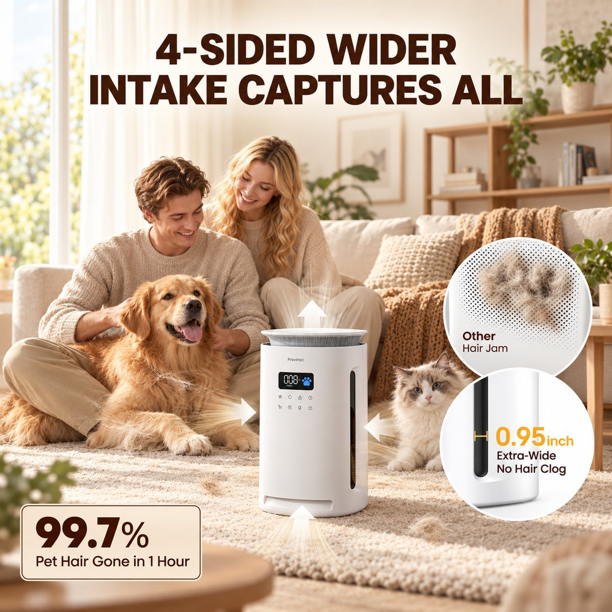 PawBreathe pet air purifier with four-sided intake designed to capture pet hair from multiple directions