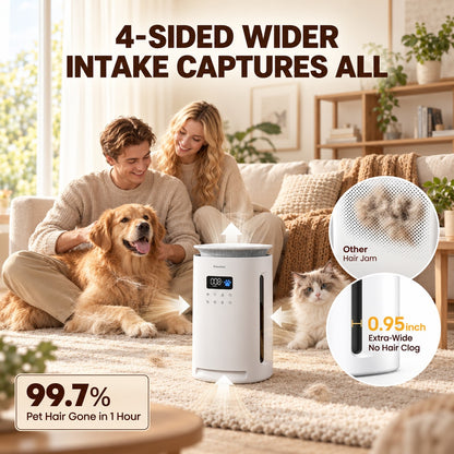 PawBreathe pet air purifier with four-sided intake designed to capture pet hair from multiple directions