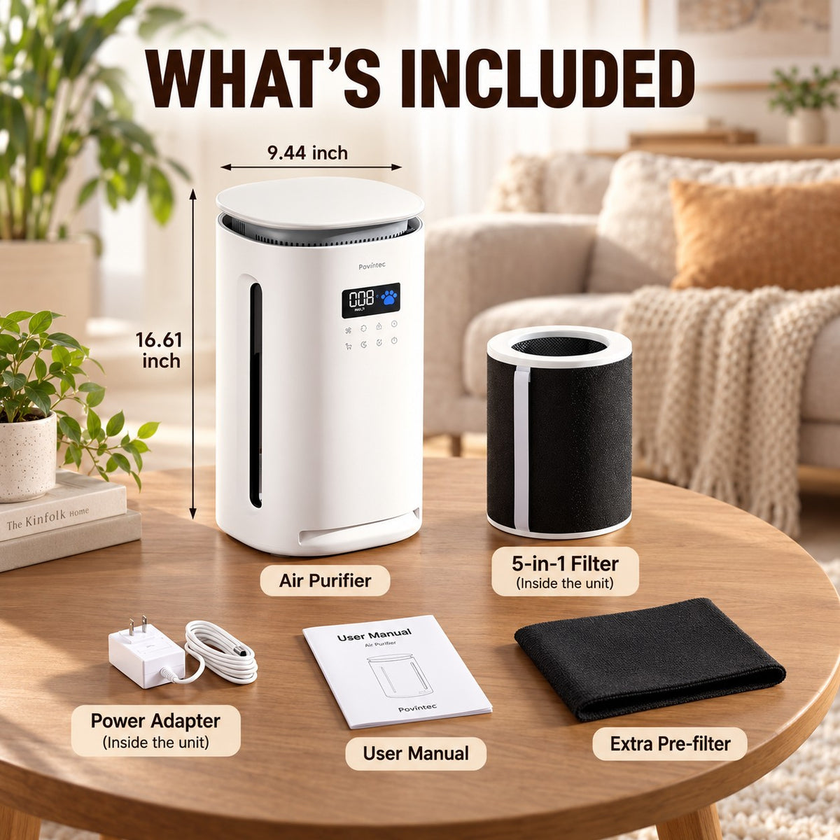 PawBreathe pet air purifier package contents with filter pre-filter power adapter and user manual