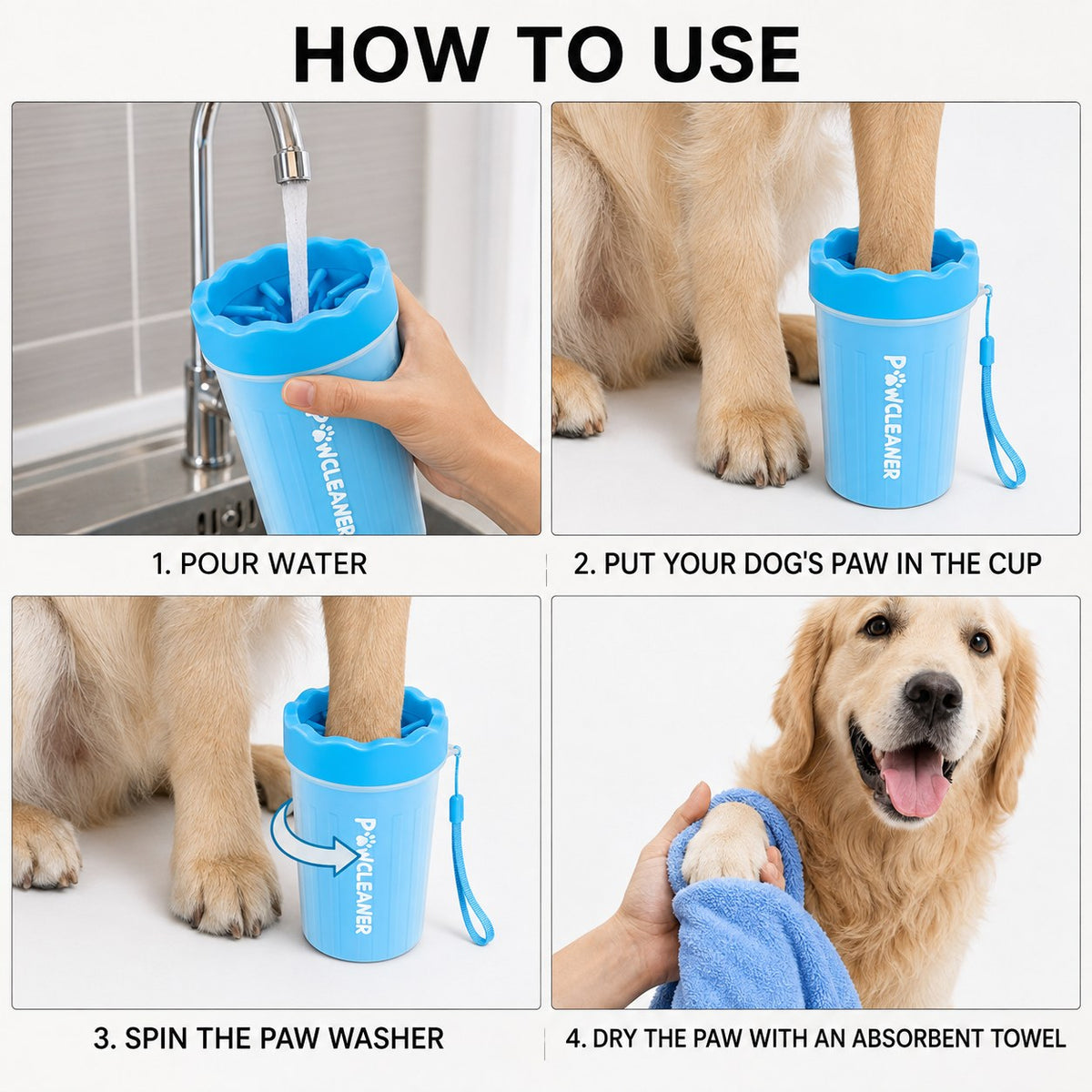 How to use the PawFresh dog paw cleaner in four steps: add water, insert paw, rotate washer, and dry with towel
