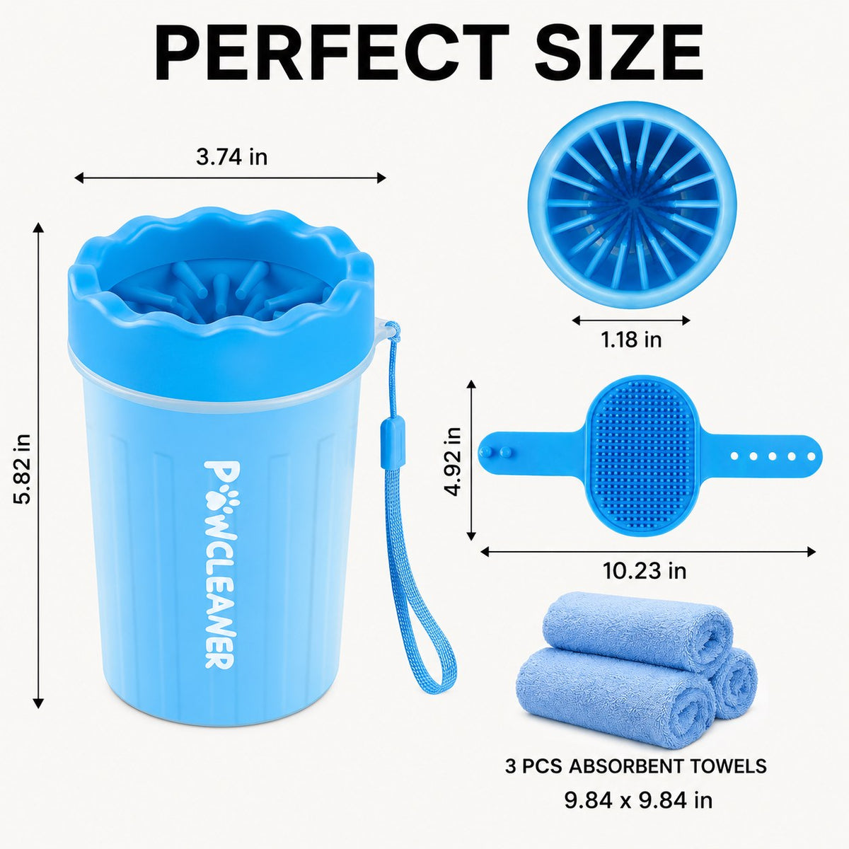 PawFresh dog paw cleaner size guide with cup, grooming brush, and three absorbent towels