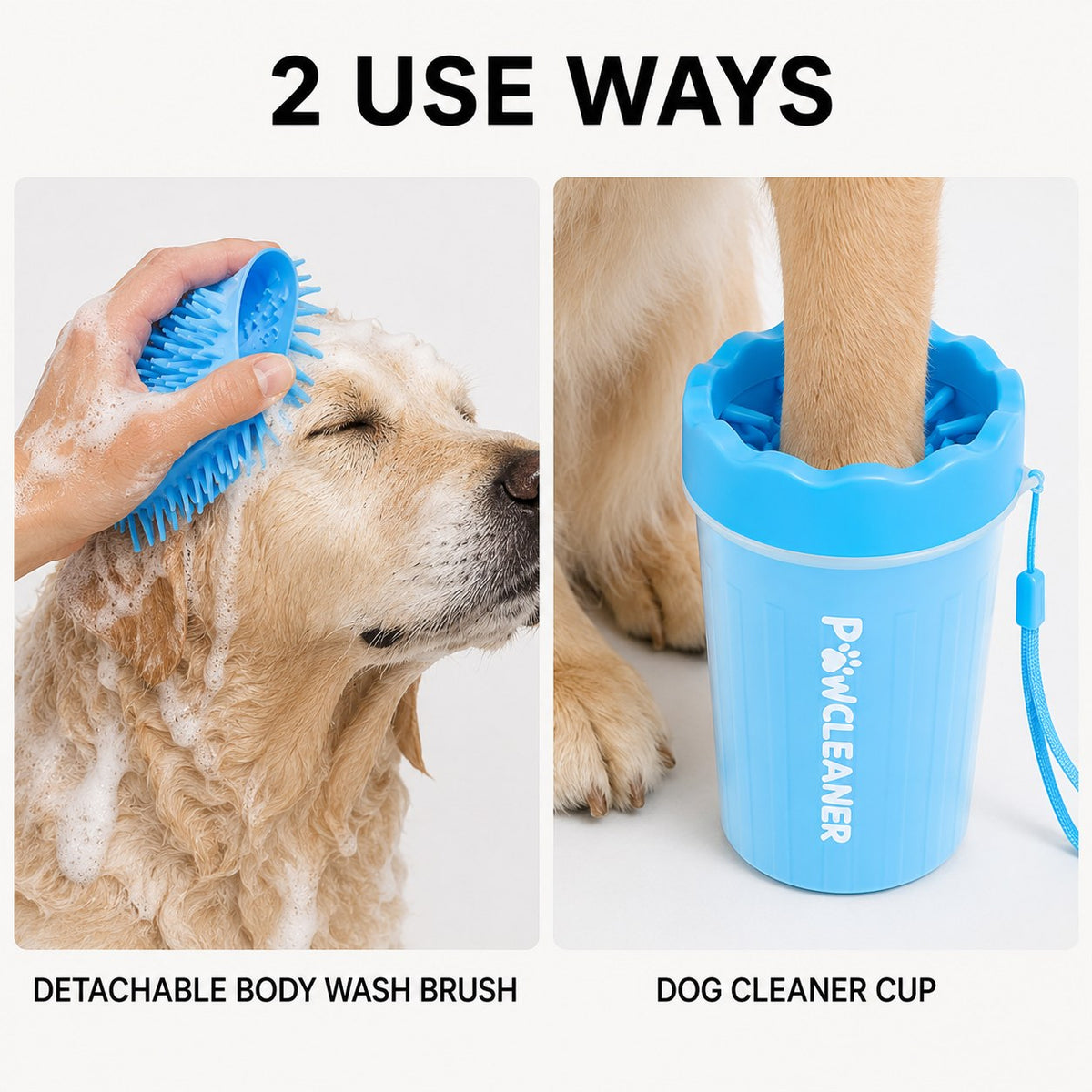 PawFresh two-use dog cleaning set showing detachable body wash brush and paw cleaner cup