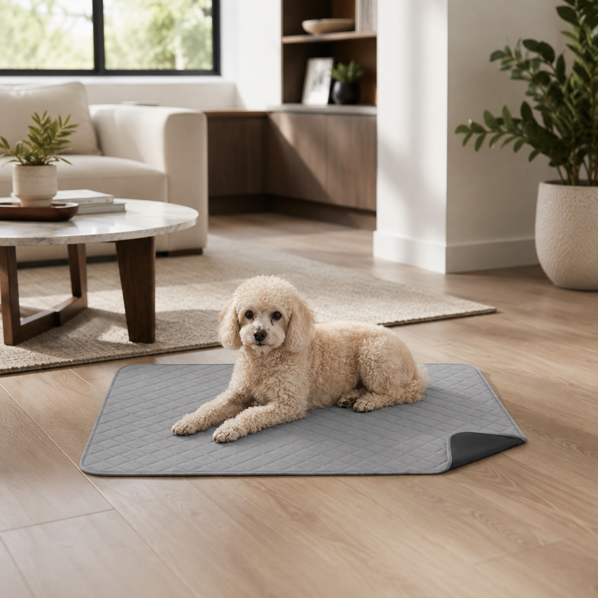 Dog resting at home on a PawGuard reusable waterproof pad for everyday accident protection