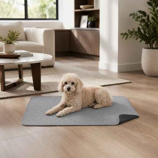 Dog resting at home on a PawGuard reusable waterproof pad for everyday accident protection