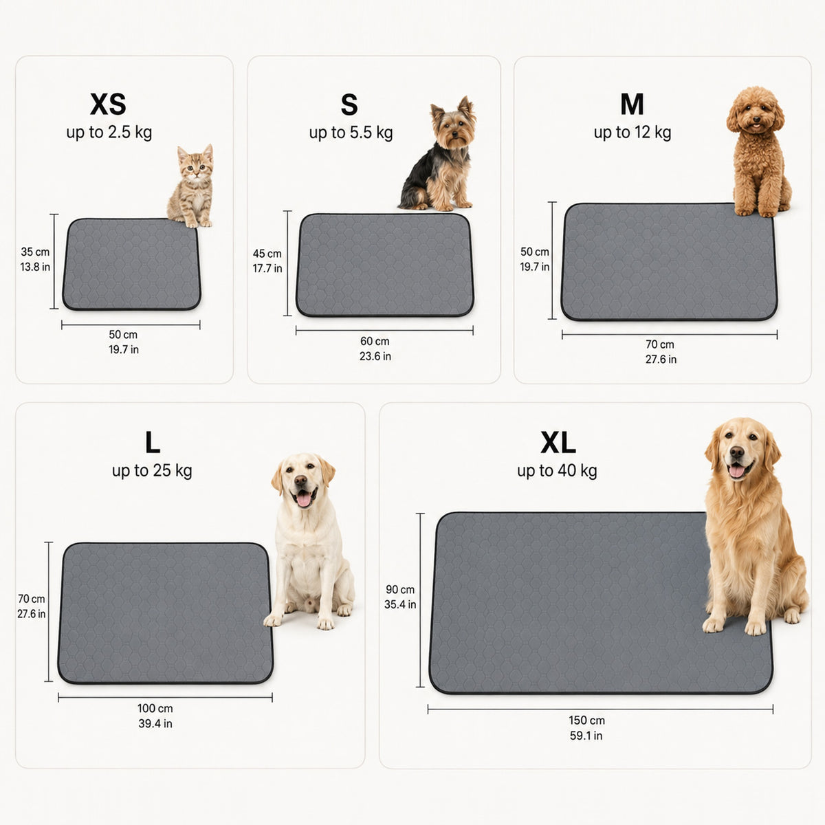 PawGuard washable waterproof dog pad size guide with multiple dimensions for different spaces