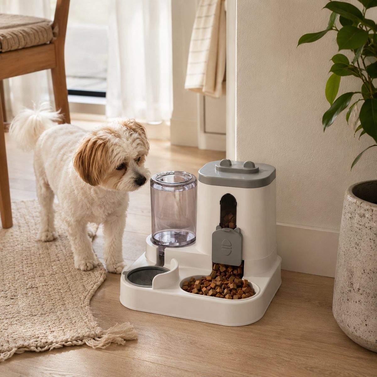 PawServe gravity pet feeder and waterer in a home feeding area for small dogs and cats