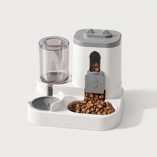 PawServe 2-in-1 gravity pet feeder and waterer with separate food and water dispensers